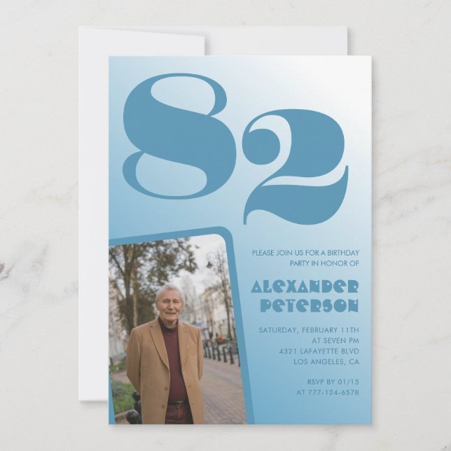 Retro Blue Gradient Photo 82nd birthday Invitation (Front)