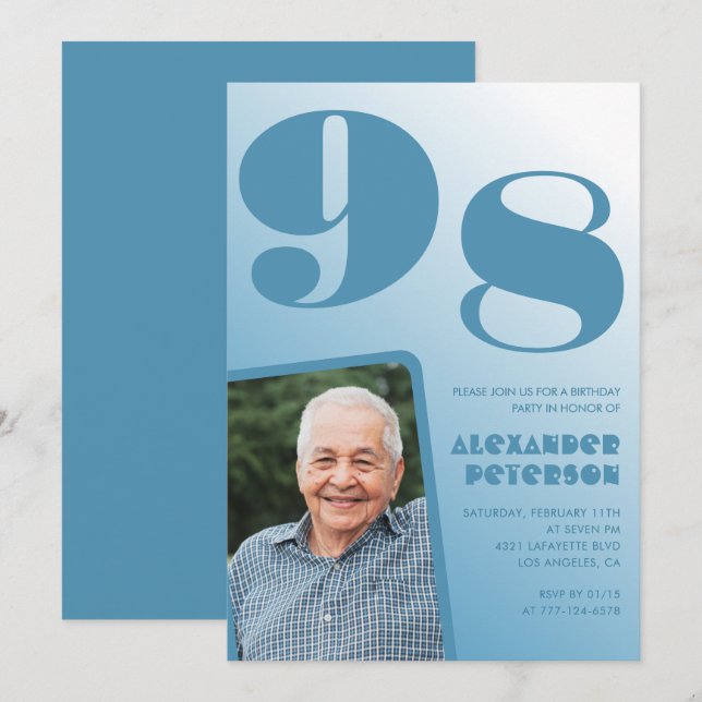 Retro Blue Gradient Photo 98th birthday Invitation (Front/Back)