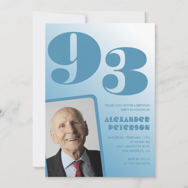 Retro Blue Gradient Photo Men 93rd birthday Invitation (Front)