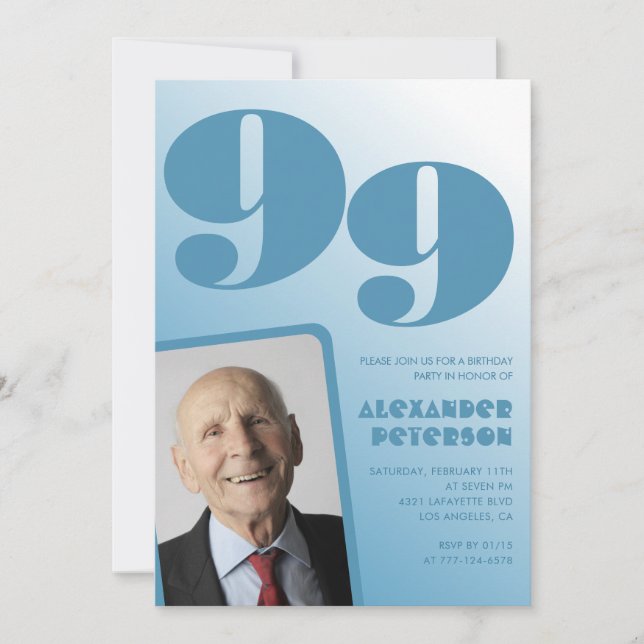 Retro Blue Gradient Photo Men 99th birthday Invitation (Front)