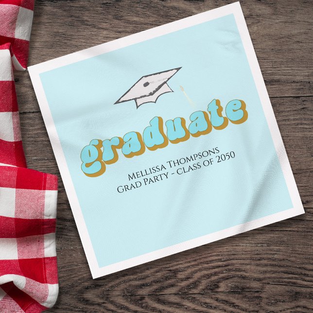 Retro Blue Graduation Party Custom Luncheon Napkins (Graduation blue retro style lettering lunchoen napkin,)