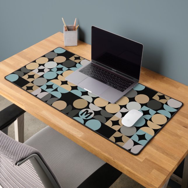 Retro Blue Gray Beige Brown Black Pop Art Pattern Desk Mat (Office 2)