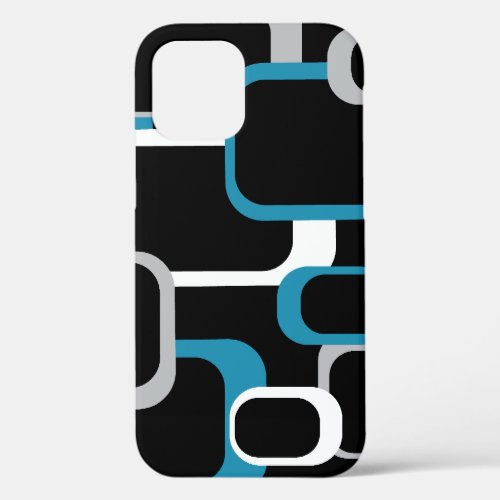 Retro Blue Gray White Squares Pattern iPhone 12 Case