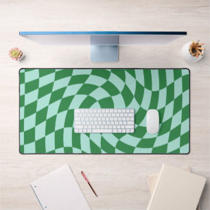Retro Blue Green Checked Warped Checkered  Desk Mat