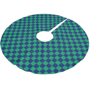 Retro Blue Green Checks Checkered Brushed Polyester Tree Skirt