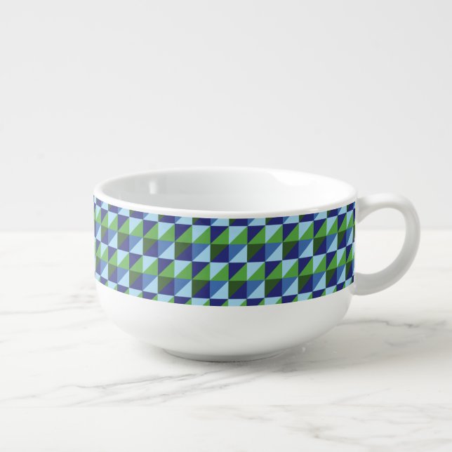 Retro Blue & Green Geometric Triangle Abstract Soup Mug (Left)