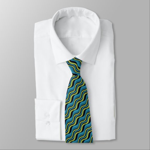 Retro Blue Green Gray Sea Waves Pattern Neck Tie