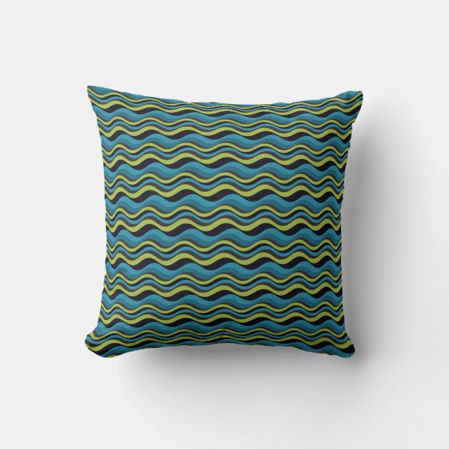 Retro Blue Green Grey Sea Waves Pattern Throw Pillow (Front)
