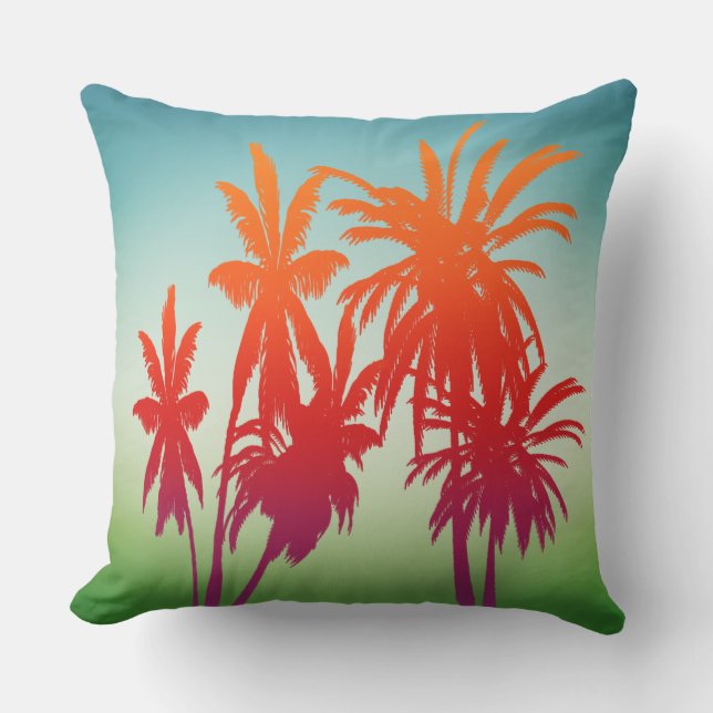 Retro Blue Green Orange Sunset Palm Trees Outdoor Pillow (Front)