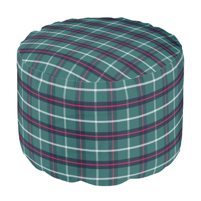 Retro Blue Green Plaid Pouf Ottoman  (Angled Front)