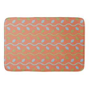 Retro Blue & Green Vines on Orange Floral Pattern Bath Mat