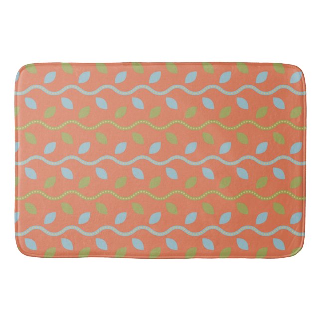 Retro Blue & Green Vines on Orange Floral Pattern Bath Mat (Front)