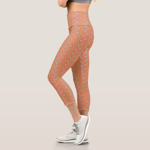 Retro Blue  Green Vines on Orange Floral Pattern Capri Leggings