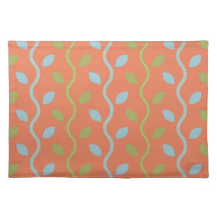 Retro Blue & Green Vines on Orange Floral Pattern Cloth Placemat