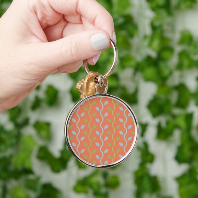 Retro Blue & Green Vines on Orange Floral Pattern Keychain (Hand)