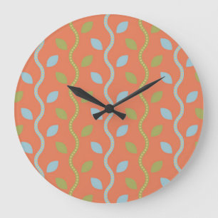 Retro Blue & Green Vines on Orange Floral Pattern Large Clock
