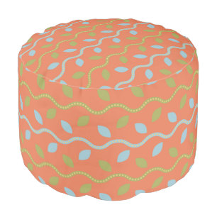 Retro Blue & Green Vines on Orange Floral Pattern Pouf