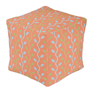 Retro Blue & Green Vines on Orange Floral Pattern Pouf