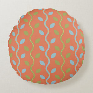 Retro Blue & Green Vines on Orange Floral Pattern Round Pillow