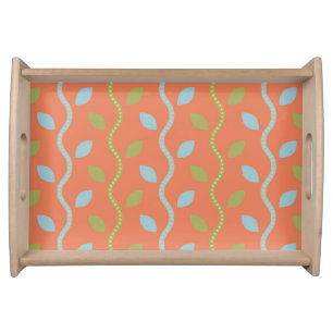Retro Blue & Green Vines on Orange Floral Pattern Serving Tray