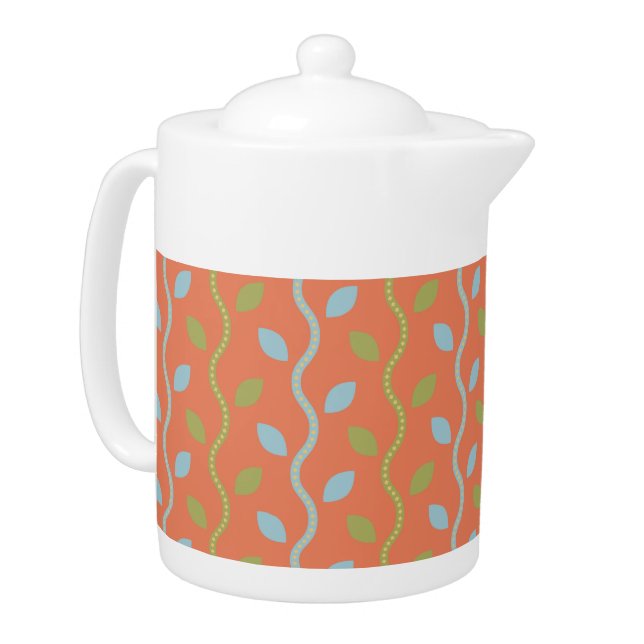 Retro Blue & Green Vines on Orange Floral Pattern Teapot (Left)