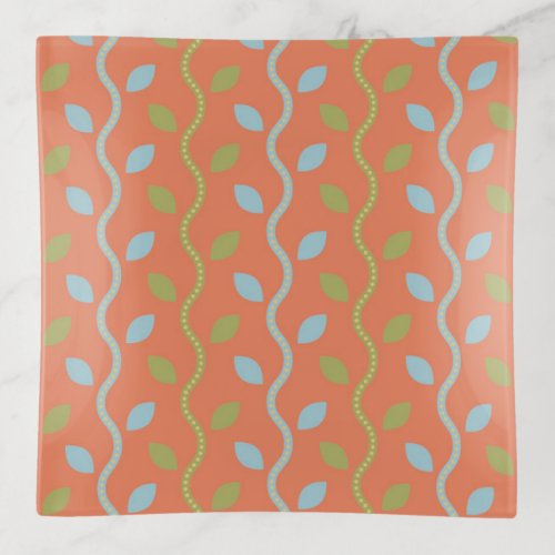 Retro Blue  Green Vines on Orange Floral Pattern Trinket Tray