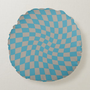 Retro Blue Grey Checks Warped Checkered Round Pillow