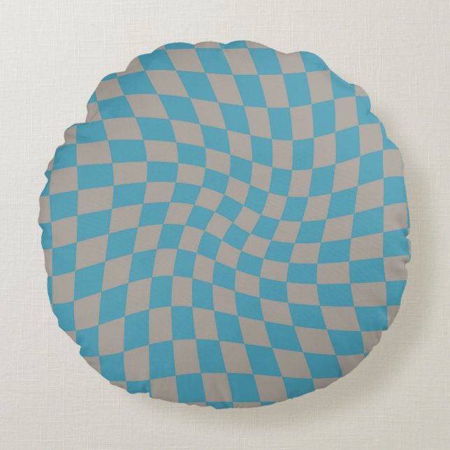 Retro Blue Grey Checks Warped Checkered   Round Pillow (Front)