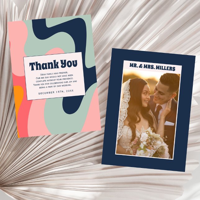 Retro Blue Groovy 70s Photo Thank You Card (Creator Uploaded)