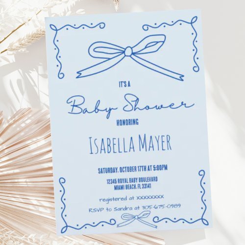 Retro Blue Hand Drawn Bow Baby Shower Invitation