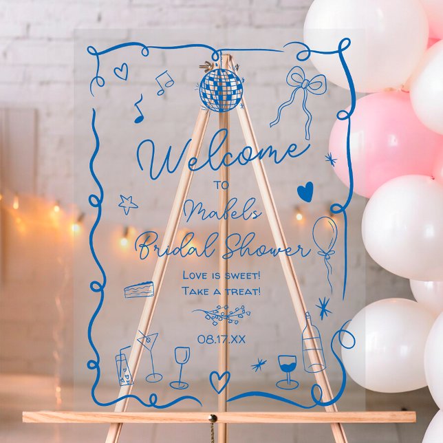 Retro blue hand drawn illustrated bridal shower acrylic sign (Retro blue hand drawn illustrated bridal shower acrylic sign)