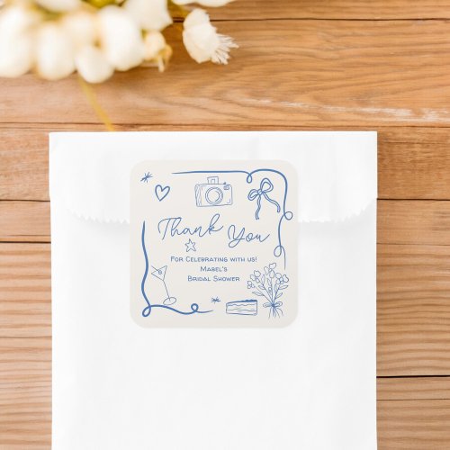 Retro blue hand drawn illustrated bridal shower square sticker