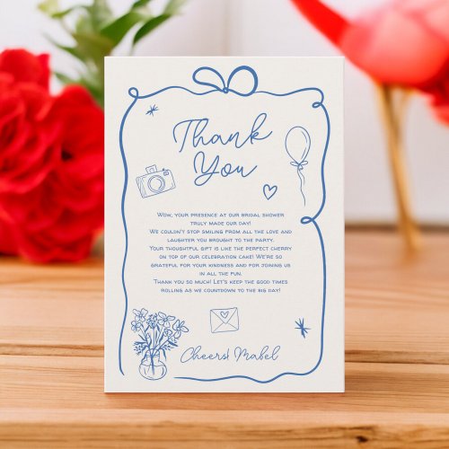 Retro blue hand drawn illustrated bridal shower thank you card