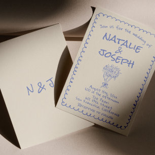 Retro blue Hand Drawn Written Funky Quirky Wedding Invitation