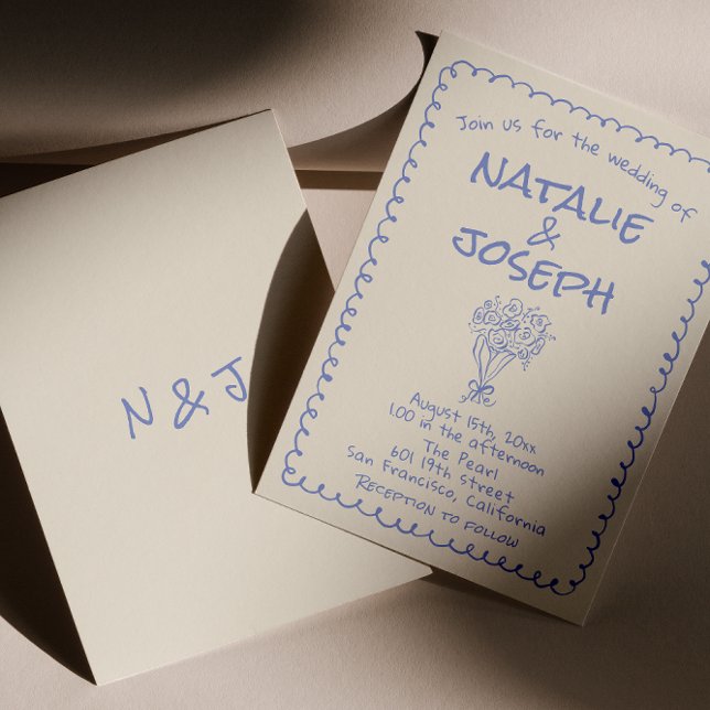 Retro blue Hand Drawn Written Funky Quirky Wedding Invitation (Creator Uploaded)