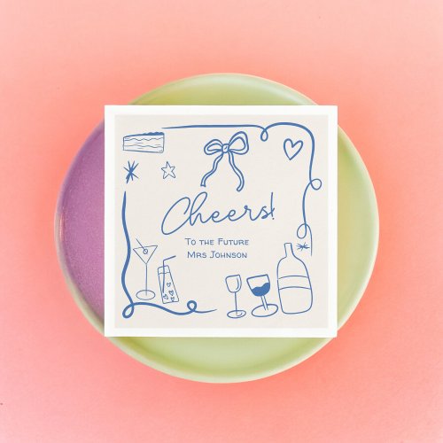 Retro blue handdrawn illustrated bridal shower napkins