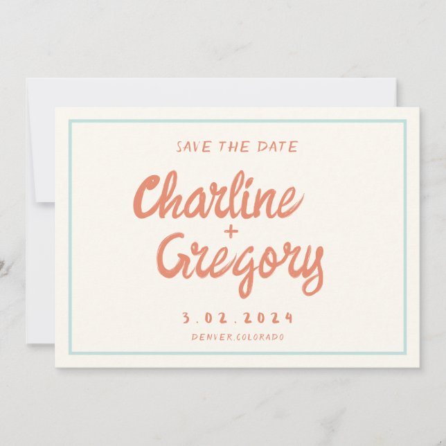 Retro Blue Handwriting Wedding Save the Date Invitation (Front)