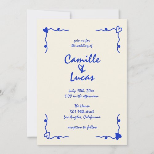 Retro Blue Handwritten Whimsical Wedding  Invitation