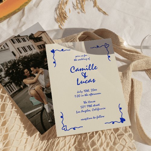 Retro Blue Handwritten Whimsical Wedding  Invitation