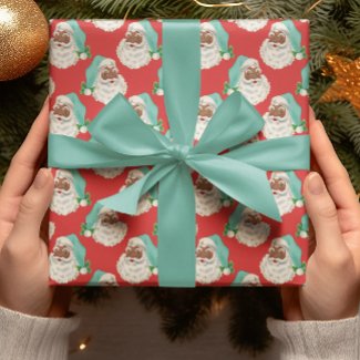 Retro Blue Hat Black Santa Red Xmas Wrapping Paper