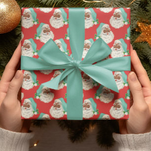 Retro Blue Hat Black Santa Red Xmas Wrapping Paper