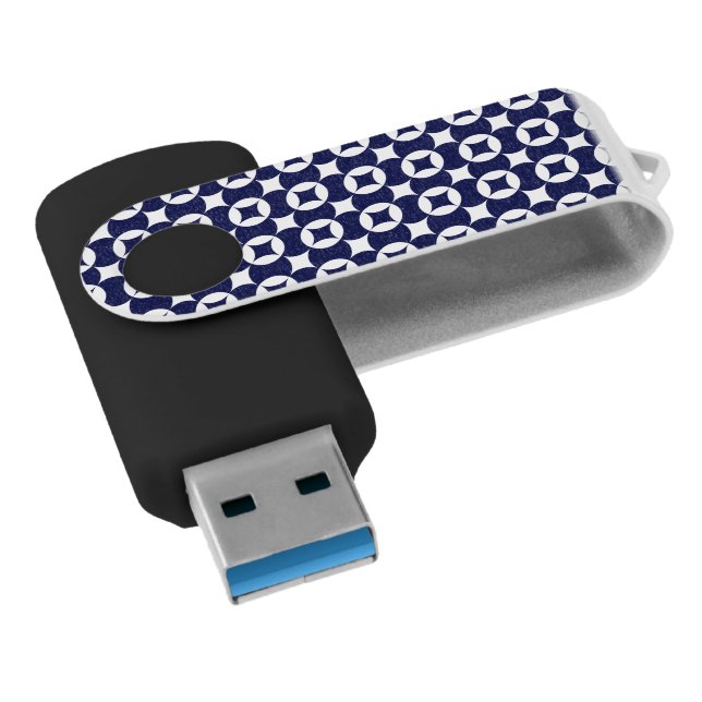 Retro Blue Interlocking Circles Geometric Oriental Flash Drive (Angled)