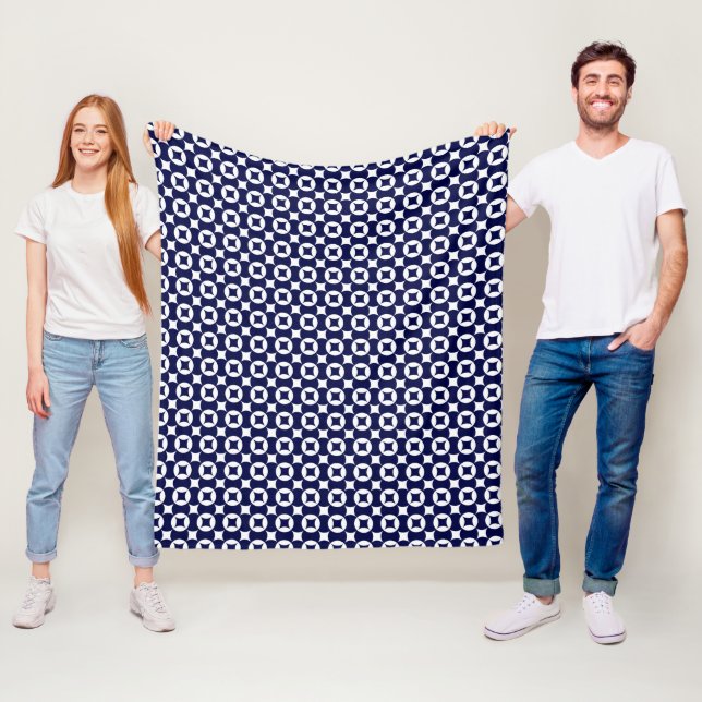 Retro Blue Interlocking Circles Geometric Oriental Fleece Blanket (In Situ)