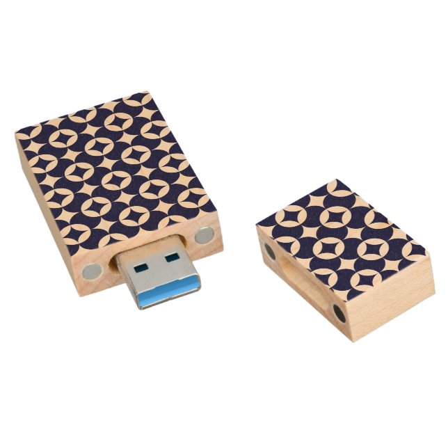 Retro Blue Interlocking Circles Shippo Geometric Wood Flash Drive (Angled)