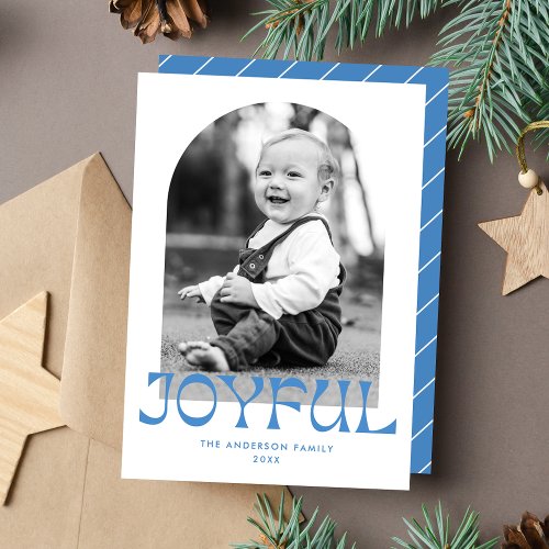 Retro Blue Joyful Arch Photo Holiday Card
