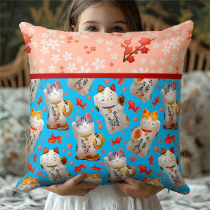 Retro Blue Kimono inspired Japanese Lucky Cat Throw Pillow