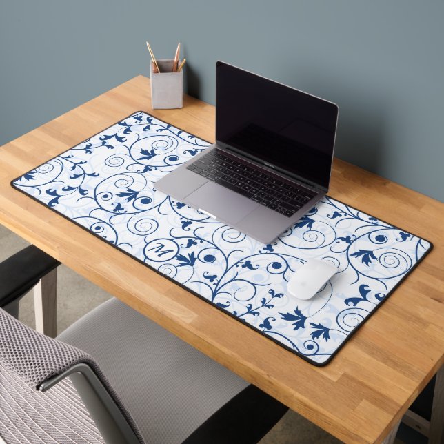 Retro Blue Leaf Swirl Pattern Monogram Desk Mat (Office 2)