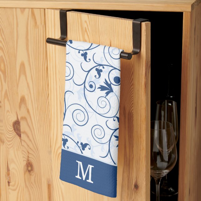 Retro Blue Leaf Swirl Pattern Monogram  Kitchen Towel (Thirds Fold)
