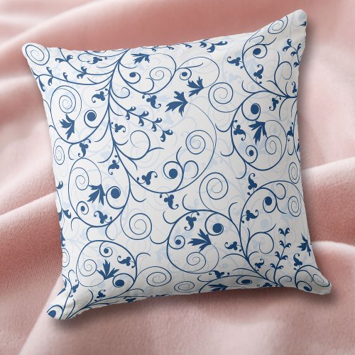 Retro Blue Leaf Swirl Pattern Throw Pillow