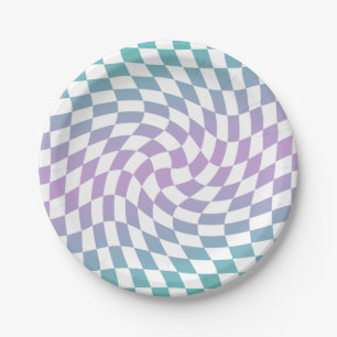 Retro Blue Lilac Checks Warped Checkerboard Paper Plates